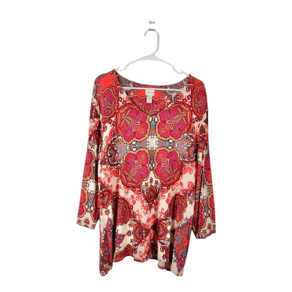 Chico’s Paisley Demask 3/4 Sleeve V-Neck Boho Top